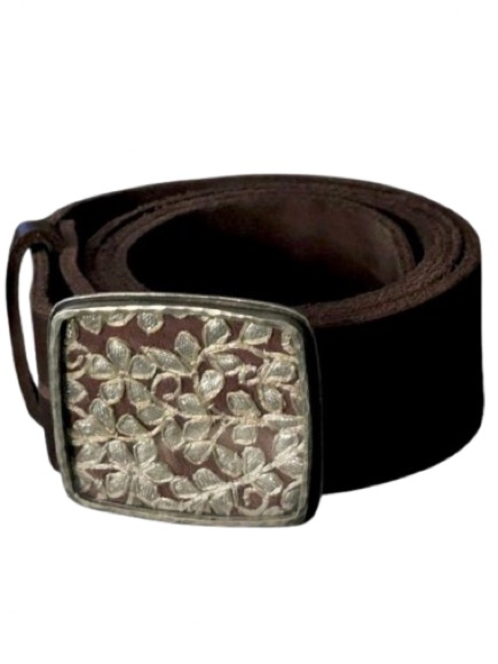Cool Dark Brown Leather Belt Vine Floral Glass Buckle Suede Silver Medium Large